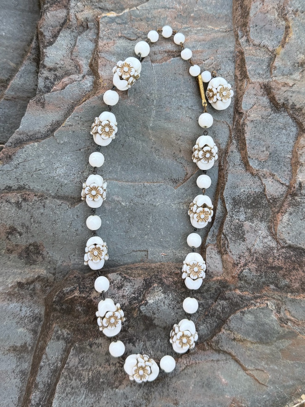 Vintage West Germany Milk Glass Carved Floral Beaded Gold Necklace